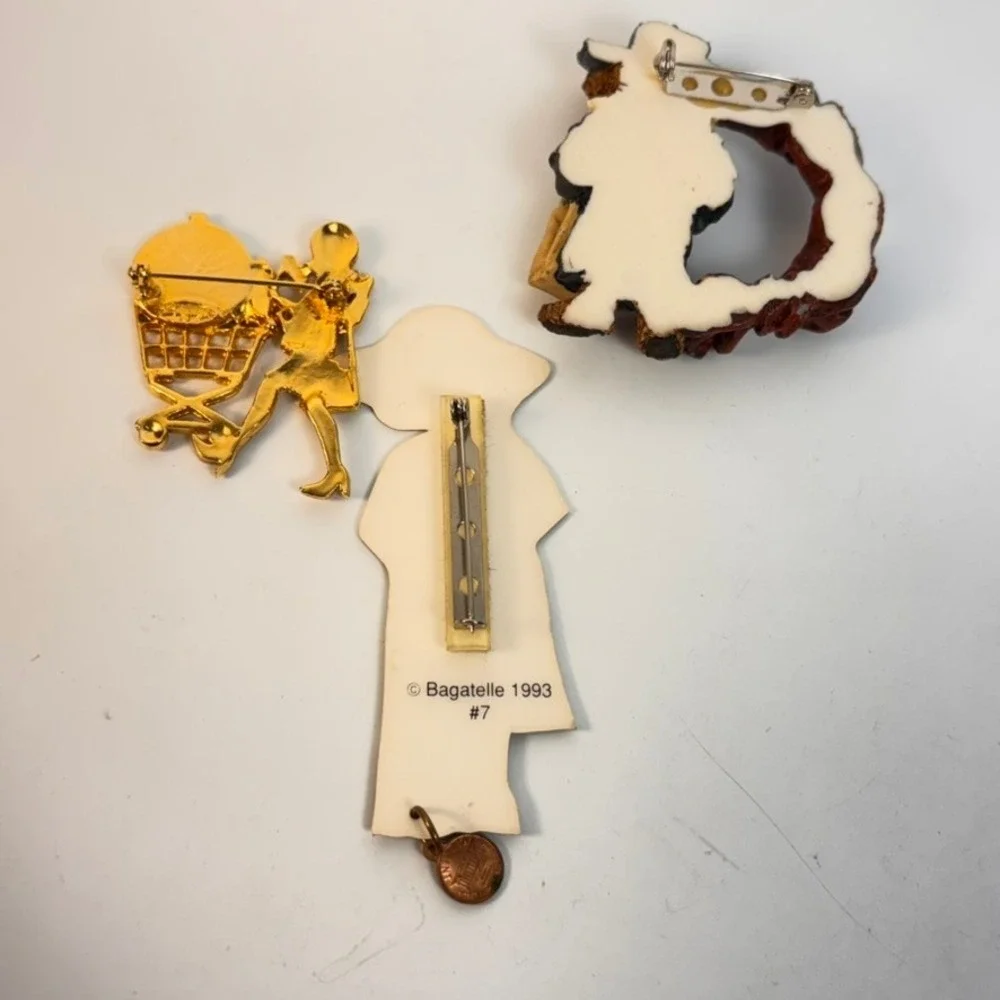 Vintage Kitch Brooch Pin Lot Born To Shop Teddy Bear Lady 90s Weird